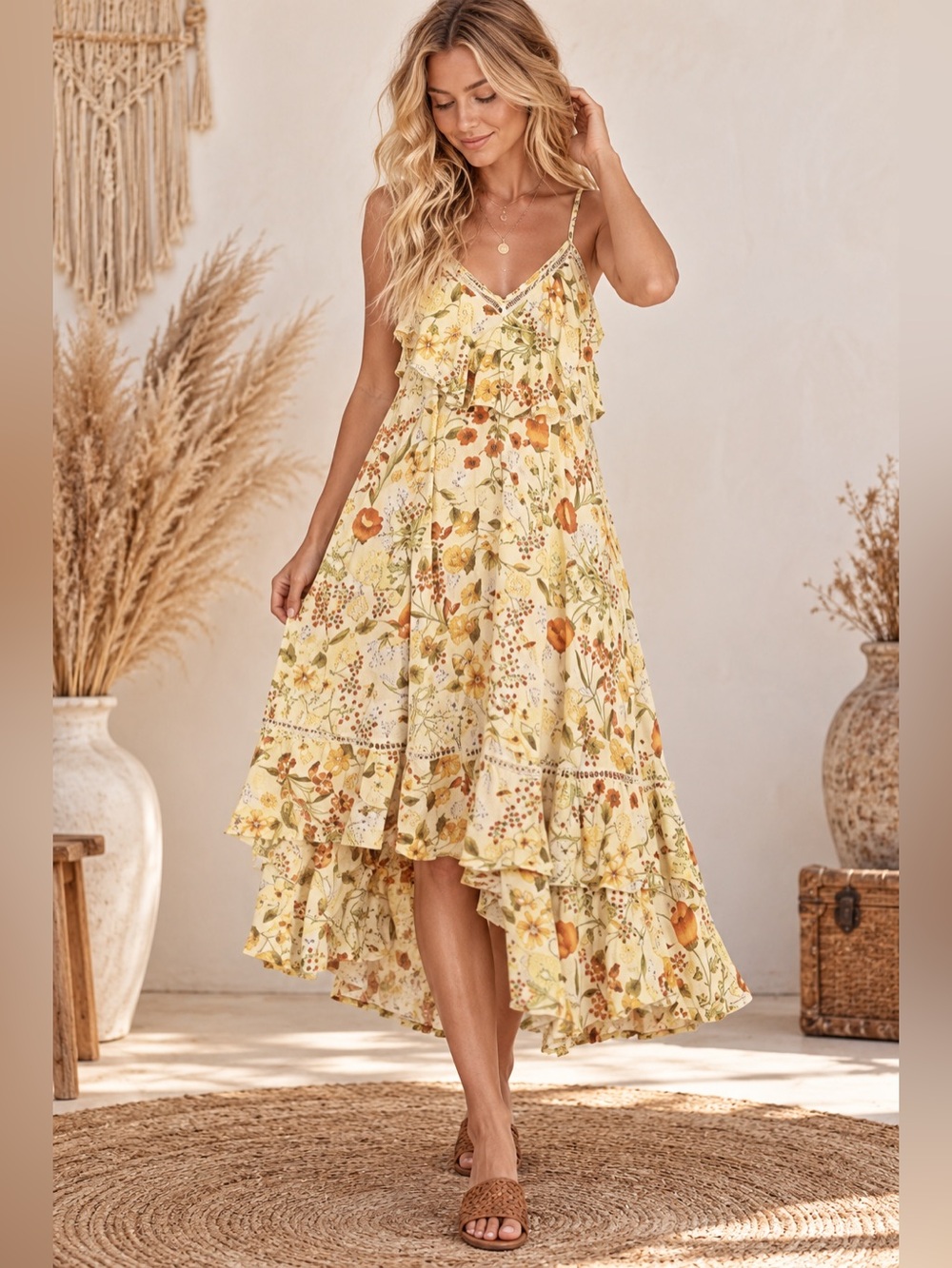 Vintage Spell Floral Sayulita Frilly Maxi Dress in Yellow